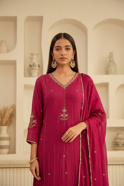 Pink Mul Chanderi Hand Work Kurta Set
