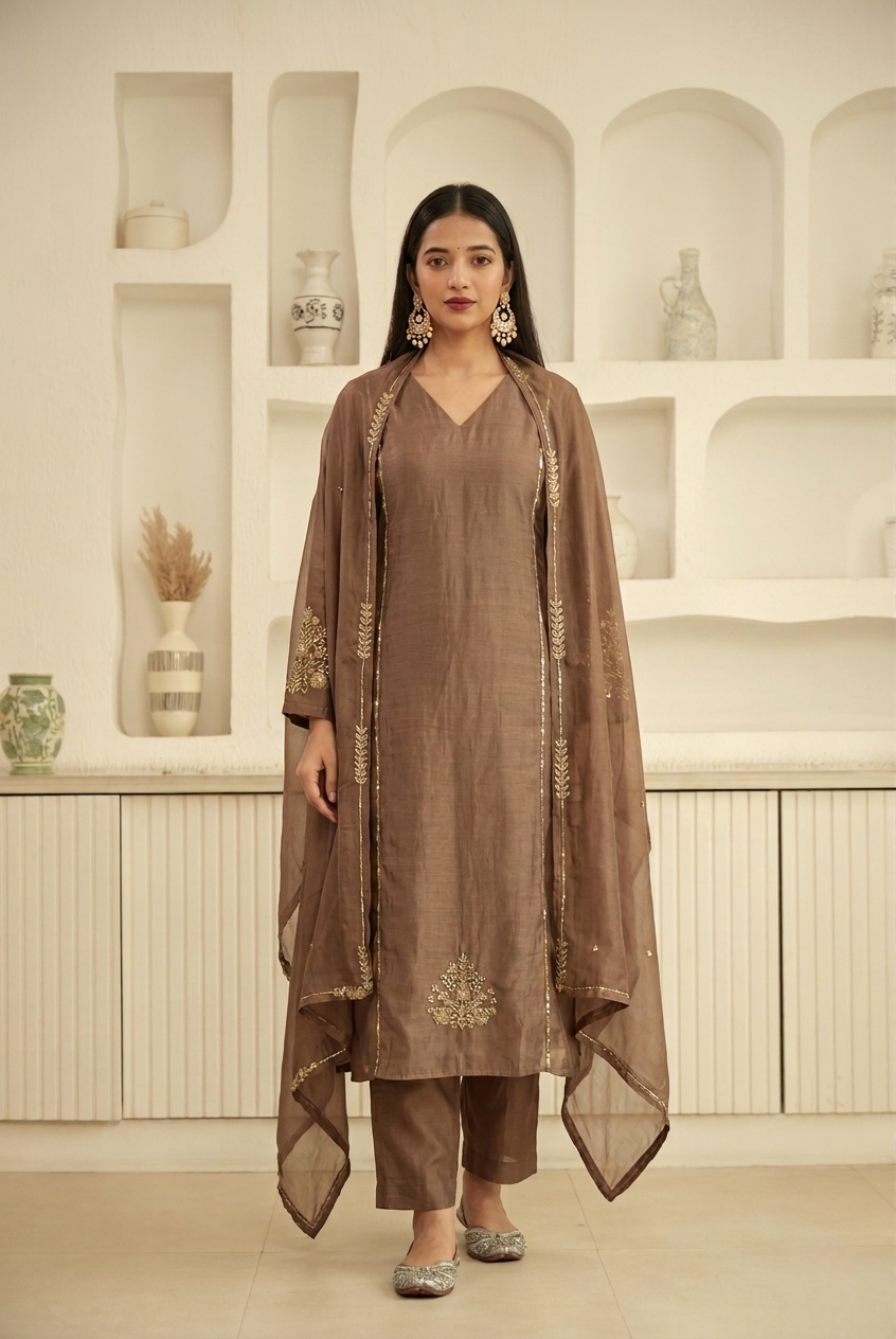 Brown A-line Mul Chanderi Suit Set