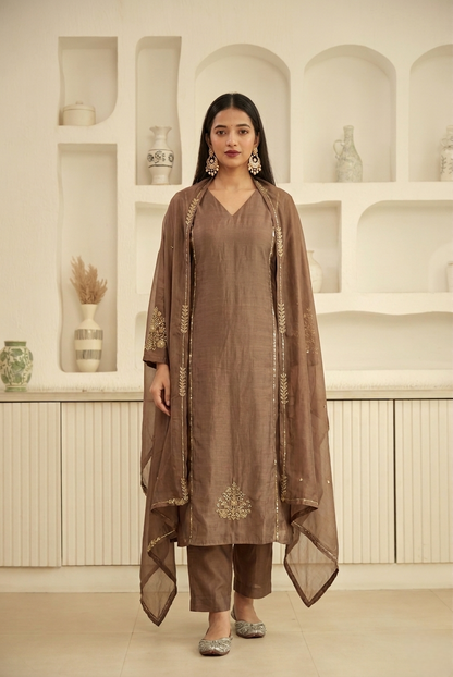 Brown A-line Mul Chanderi Suit Set