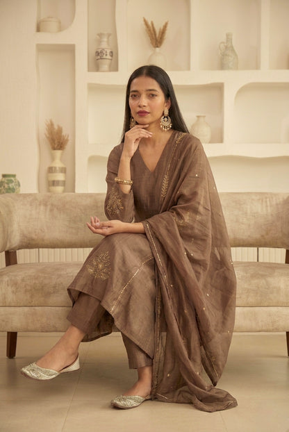 Brown A-line Mul Chanderi Suit Set
