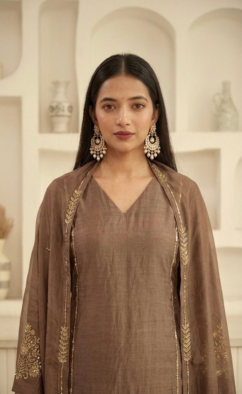 Brown A-line Mul Chanderi Suit Set
