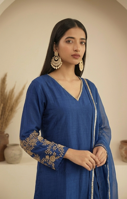 Blue A-line Mul Chanderi Suit Set