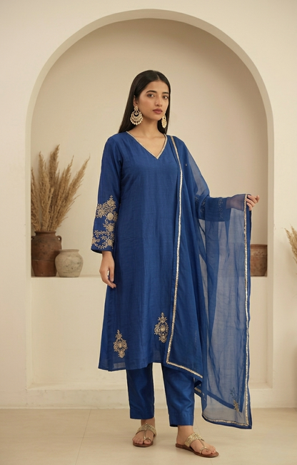 Blue A-line Mul Chanderi Suit Set