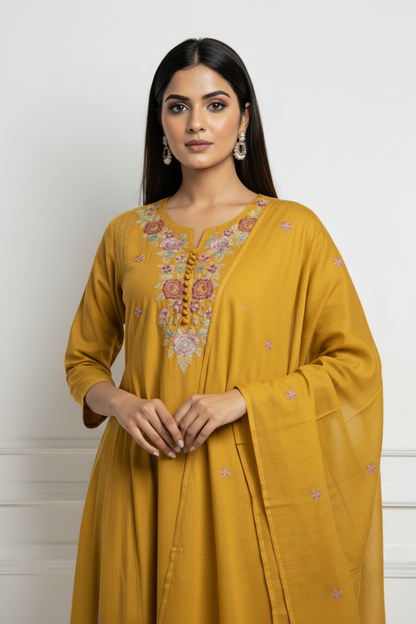 Mustard Yellow Embroidered Anarkali Suit Set