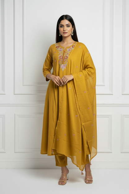 Mustard Yellow Embroidered Anarkali Suit Set