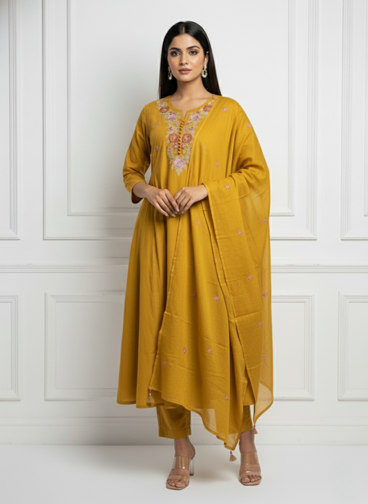 Mustard Yellow Embroidered Anarkali Suit Set