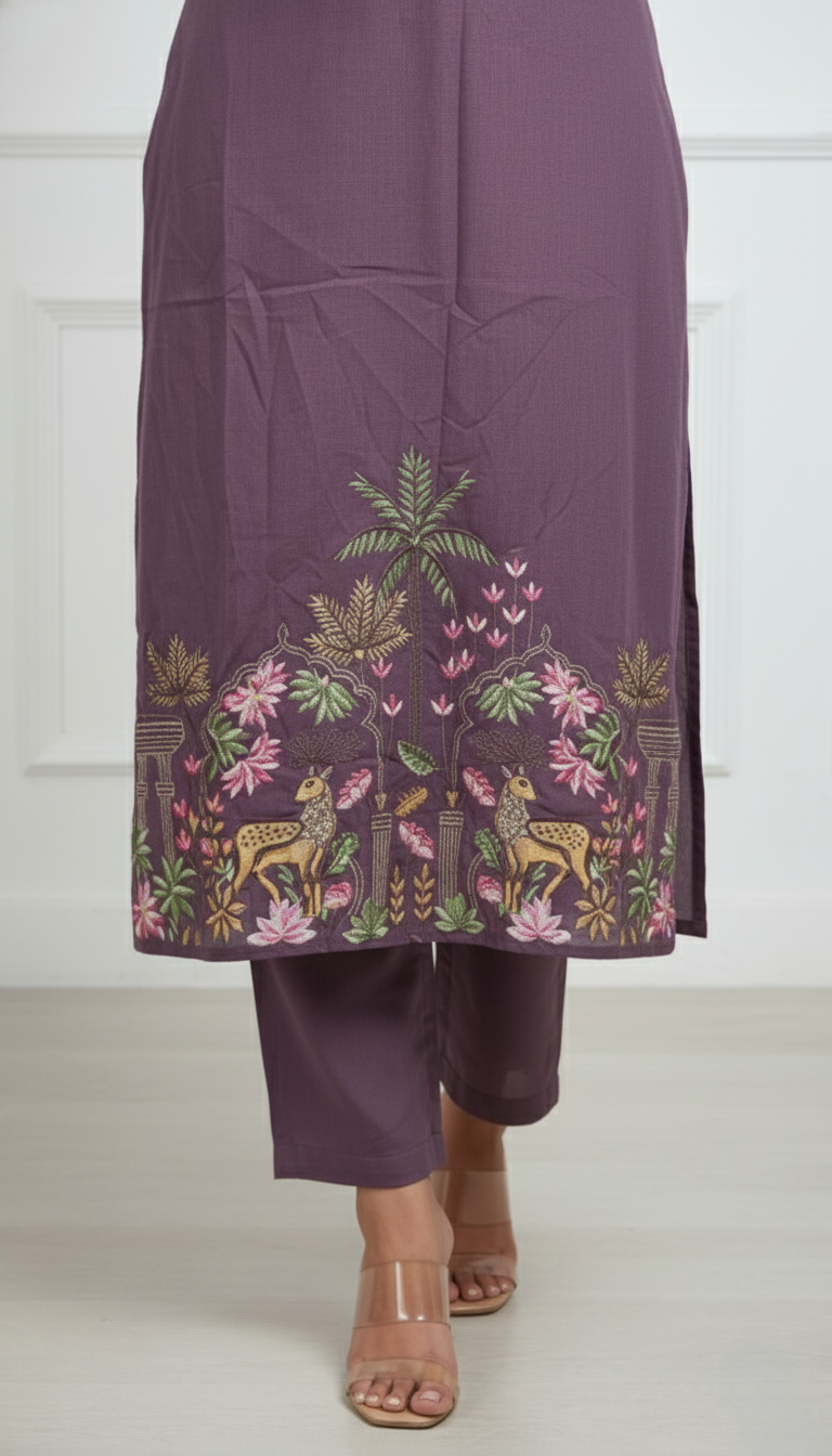 Mauve Embroidered Pure Mul Cotton Set