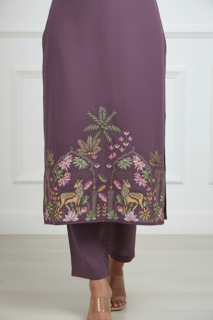 Mauve Embroidered Pure Mul Cotton Set