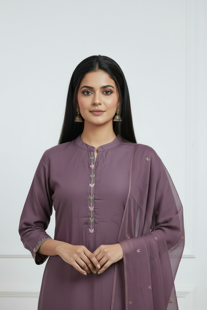 Mauve Embroidered Pure Mul Cotton Set