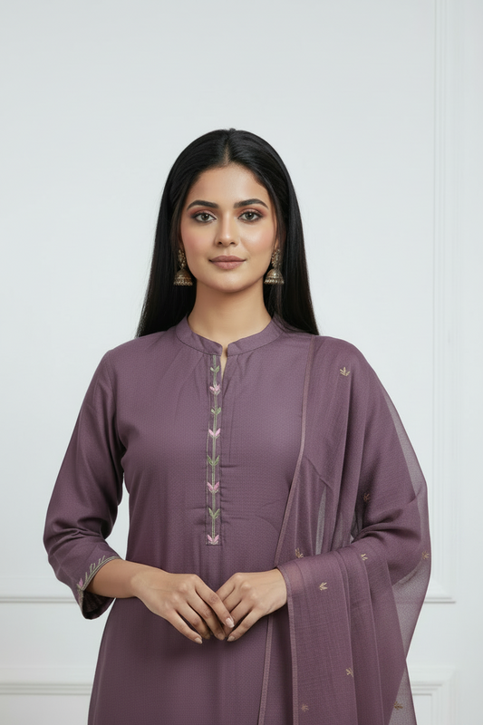 Mauve Embroidered Pure Mul Cotton Set