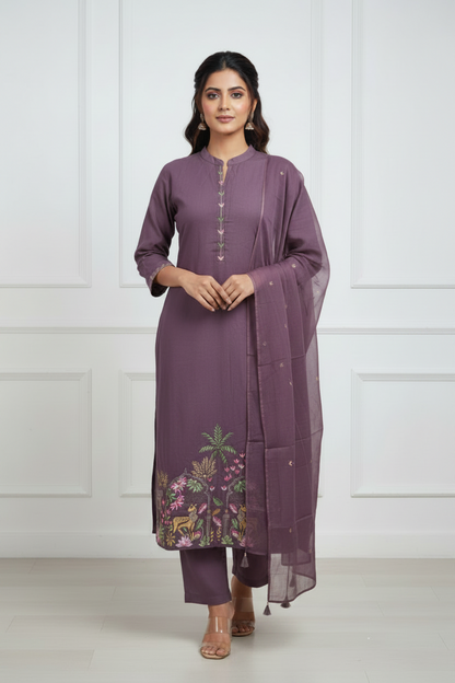 Mauve Embroidered Pure Mul Cotton Set