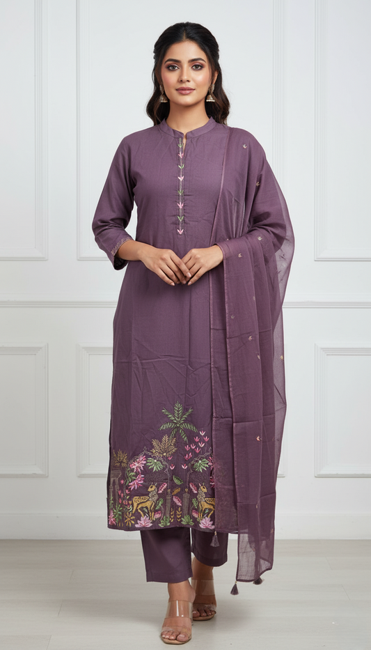 Mauve Embroidered Pure Mul Cotton Set