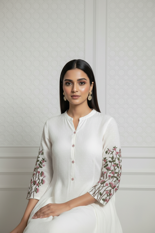 Dotted Muslin Flared Embroidered Kurta Set