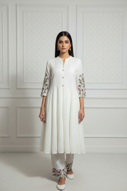 Dotted Muslin Flared Embroidered Kurta Set