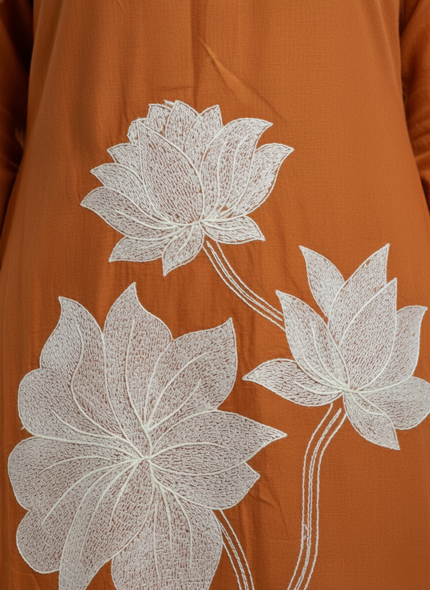 Rust Orange Cotton Set with Intricate Lotus Embroidery