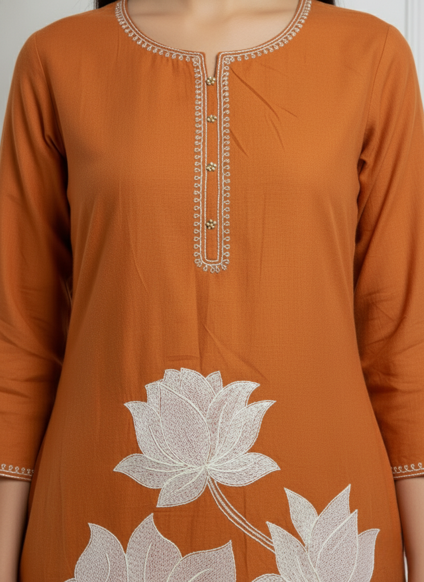 Rust Orange Cotton Set with Intricate Lotus Embroidery