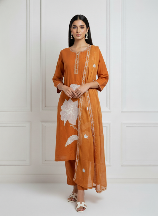 Rust Orange Cotton Set with Intricate Lotus Embroidery