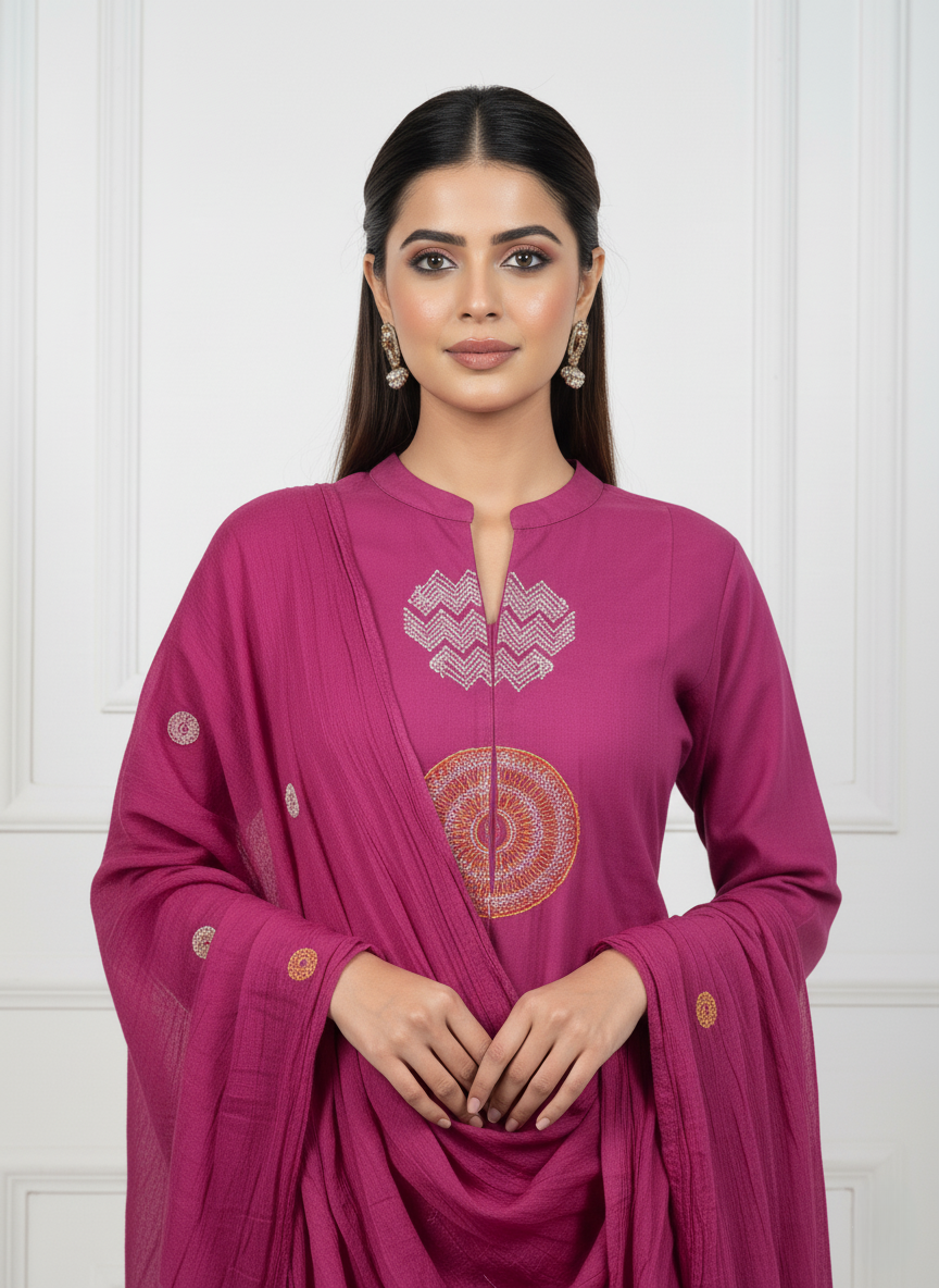 Fuchsia Embroidered Cotton Suit Set with Dupatta