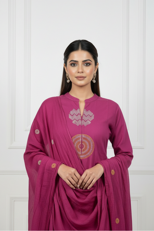 Fuchsia Embroidered Cotton Suit Set with Dupatta