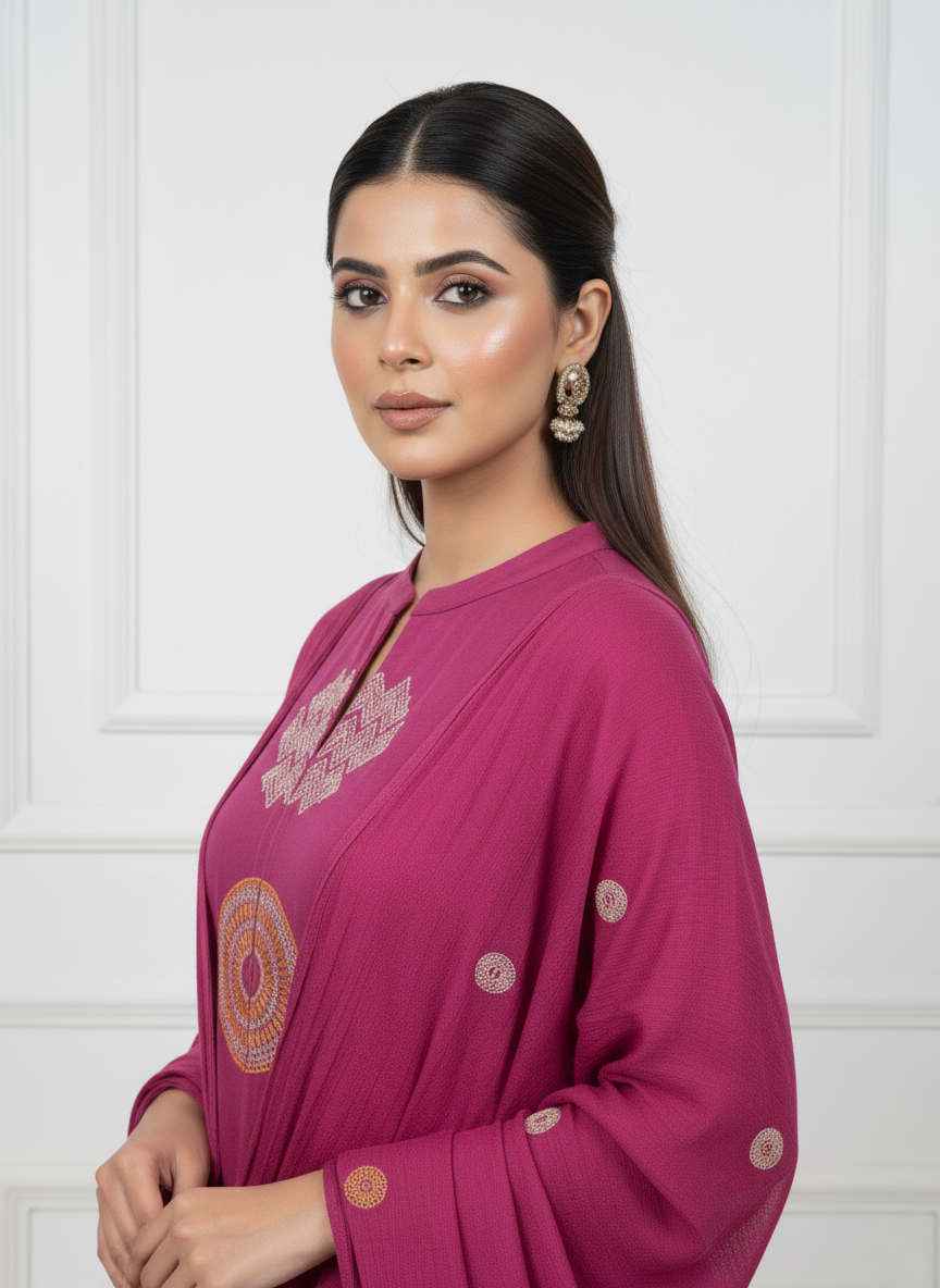 Fuchsia Embroidered Cotton Suit Set with Dupatta