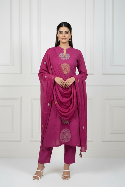 Fuchsia Embroidered Cotton Suit Set with Dupatta