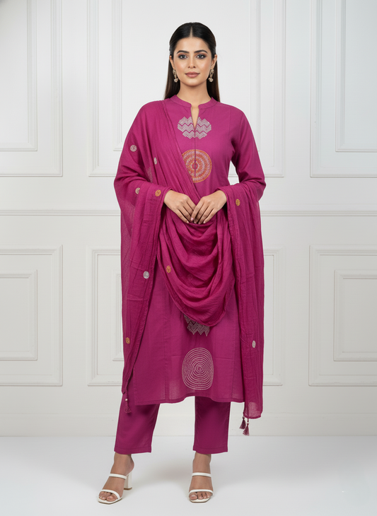 Fuchsia Embroidered Cotton Suit Set with Dupatta