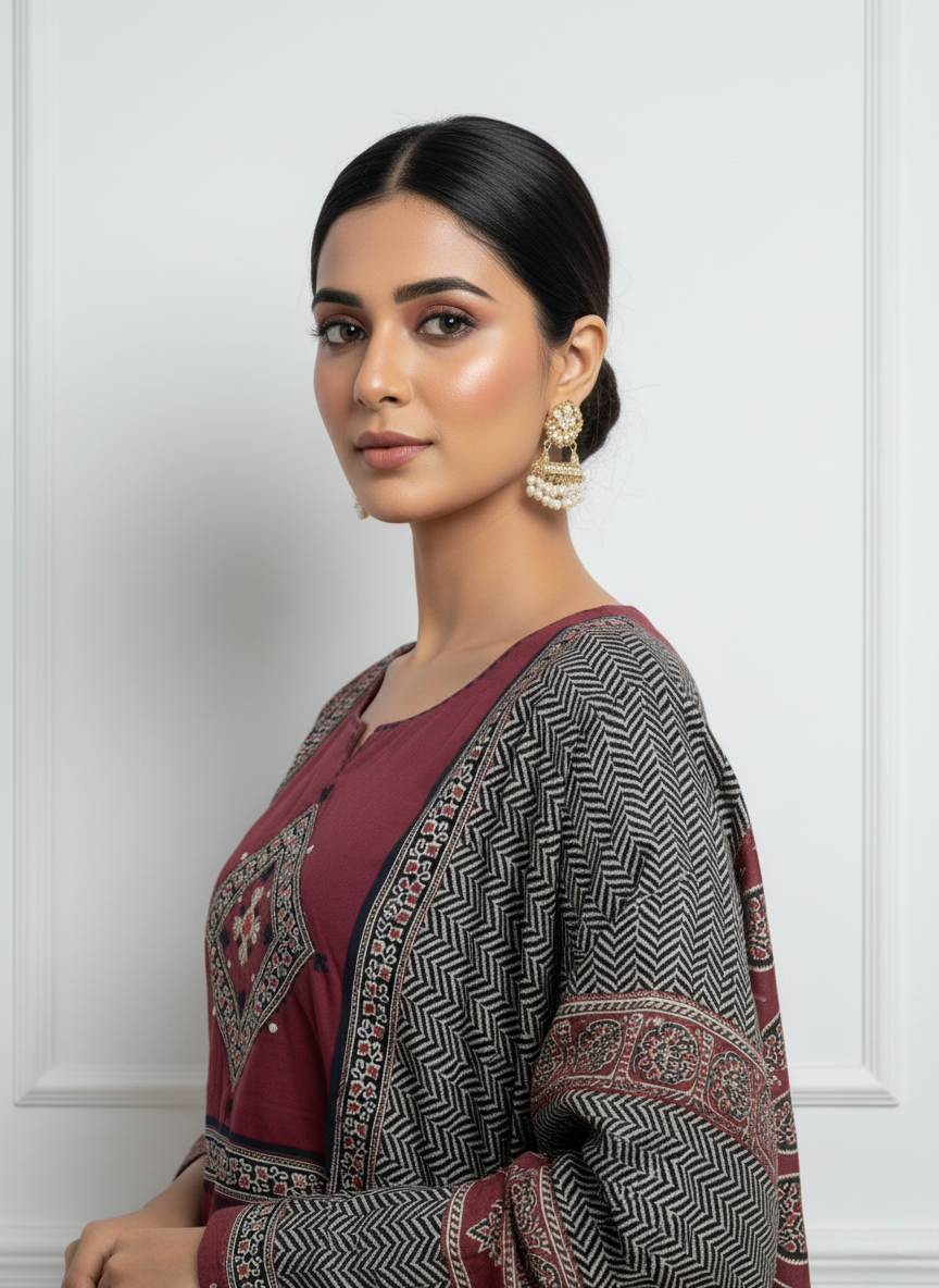 Maroon Printed Cotton Kurta Set with Chevron Dupatta