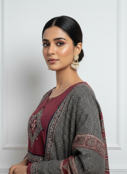 Maroon Printed Cotton Kurta Set with Chevron Dupatta
