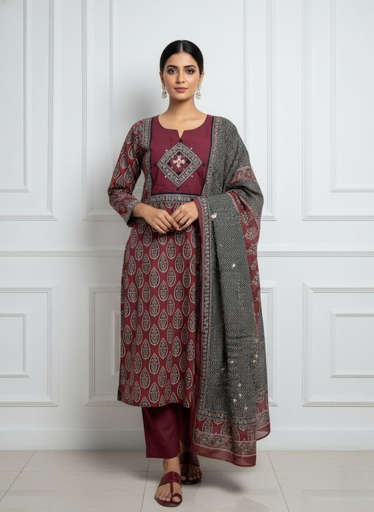 Maroon Printed Cotton Kurta Set with Chevron Dupatta