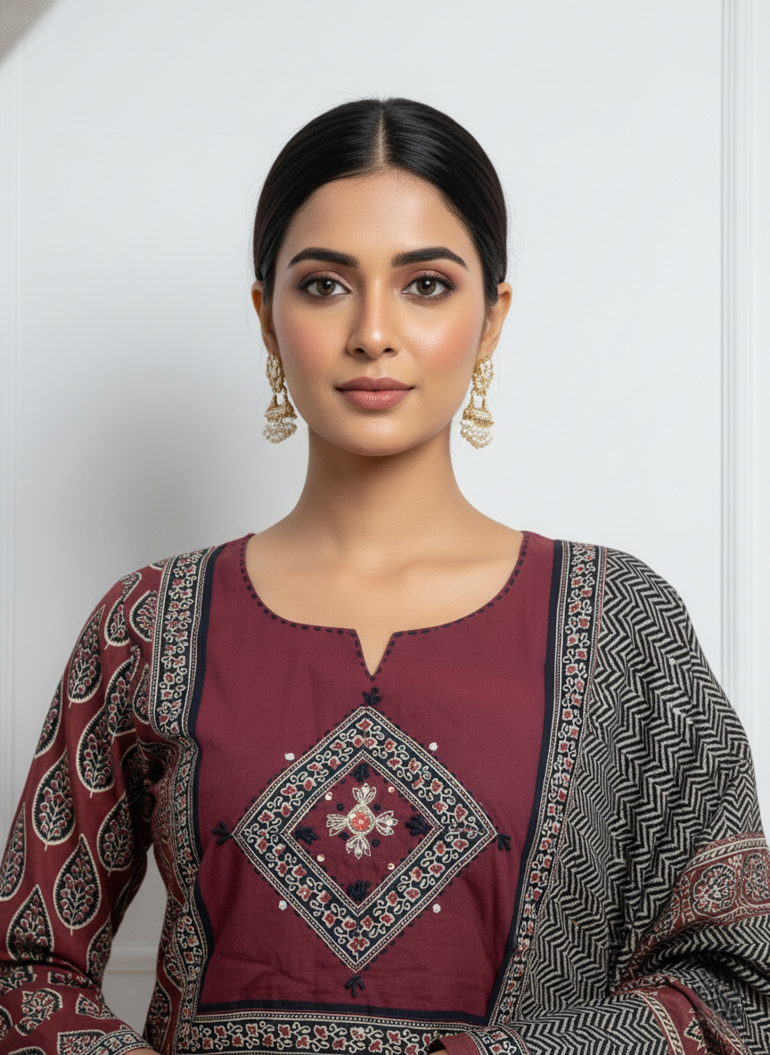 Maroon Printed Cotton Kurta Set with Chevron Dupatta
