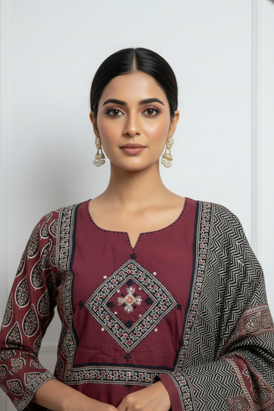 Maroon Printed Cotton Kurta Set with Chevron Dupatta