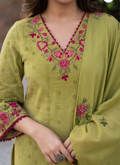 Olive Green Cotton Chiffli set