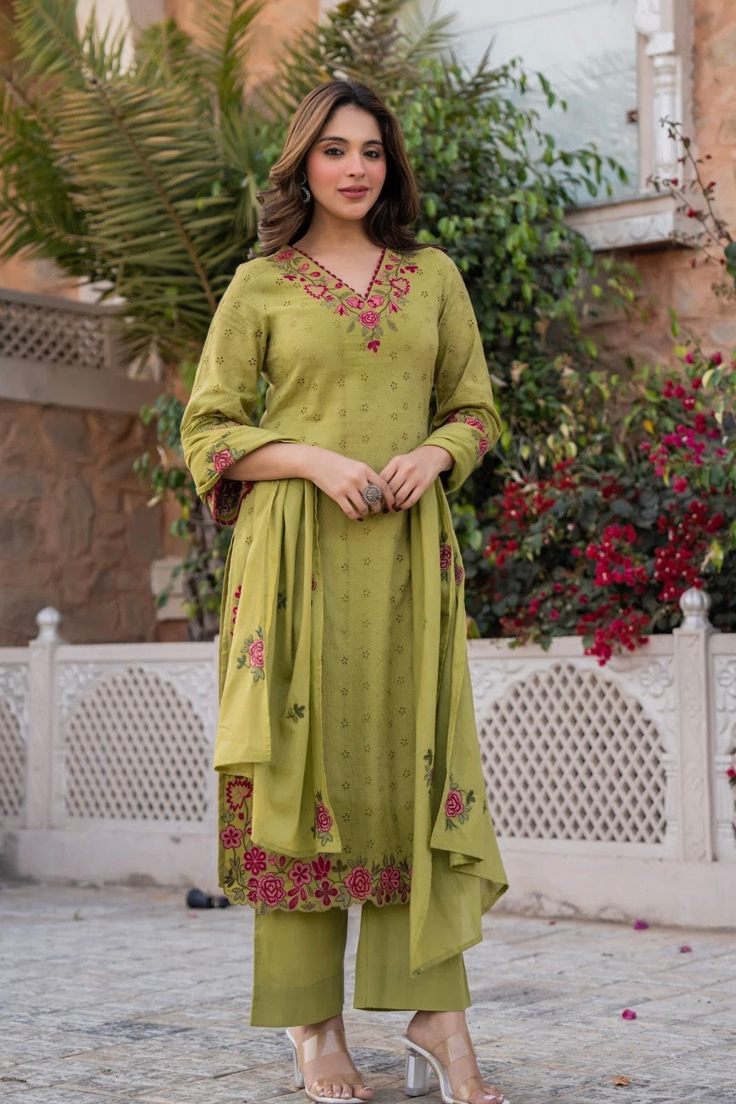 Olive Green Cotton Chiffli set
