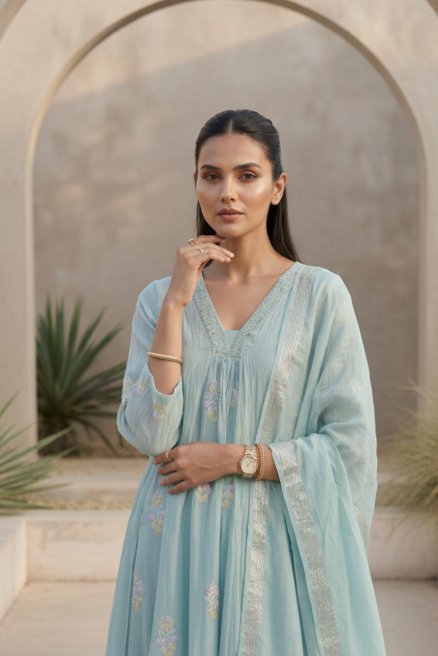 Pastel Blue Mul Chanderi Suit