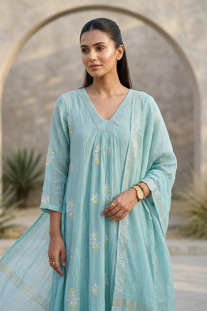 Pastel Blue Mul Chanderi Suit