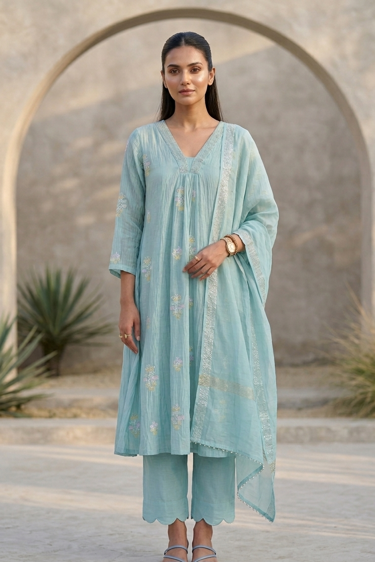 Pastel Blue Mul Chanderi Suit