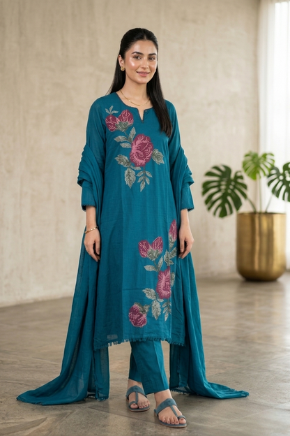 Teal Blue Rose Embroidered Set