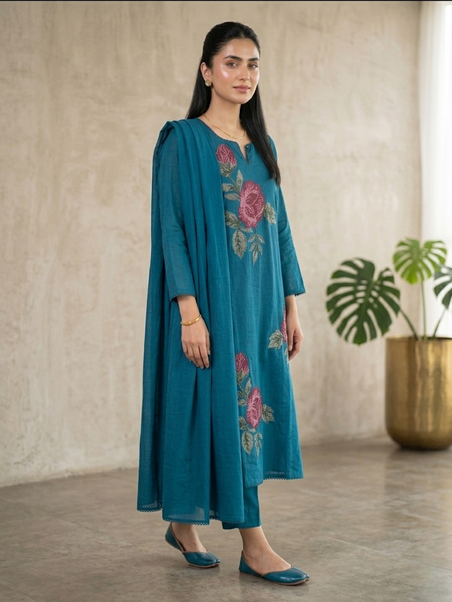 Teal Blue Rose Embroidered Set