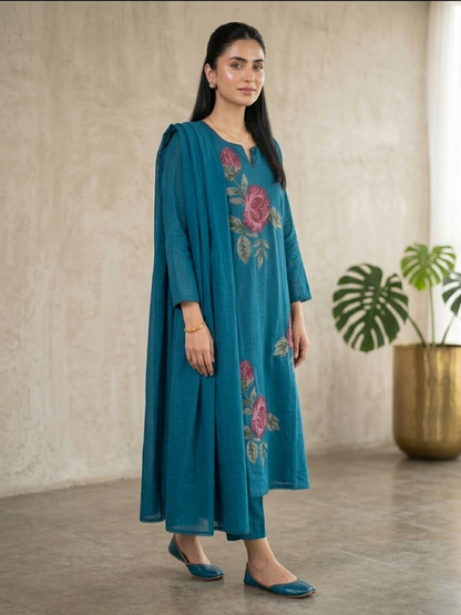 Teal Blue Rose Embroidered Set