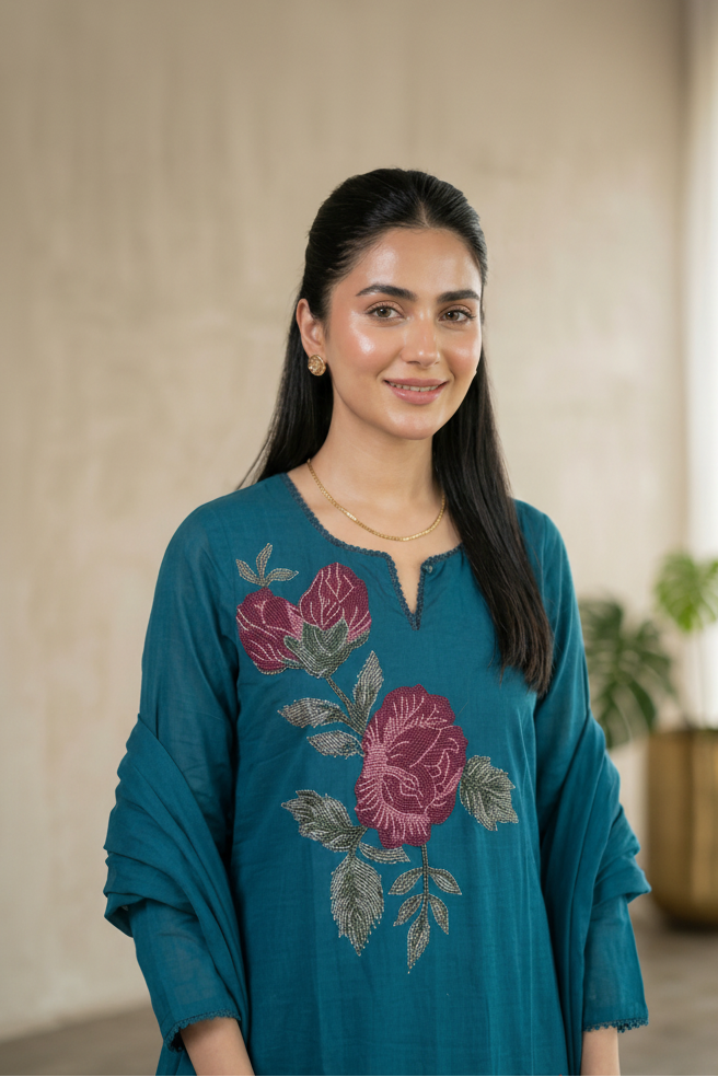 Teal Blue Rose Embroidered Set