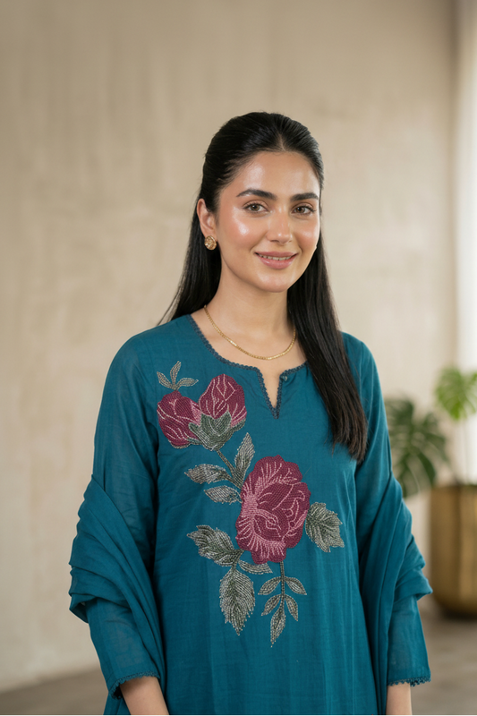Teal Blue Rose Embroidered Set