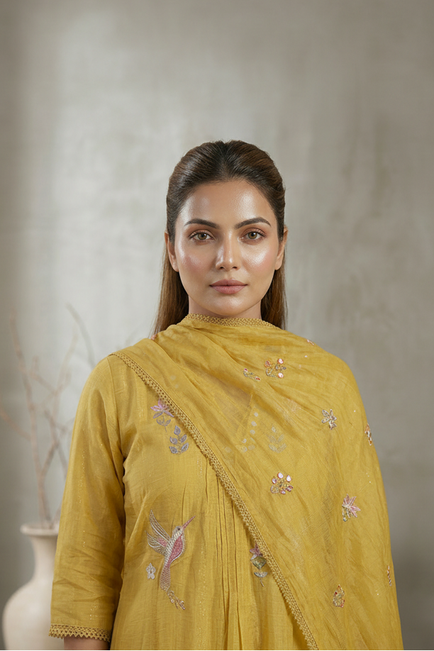 Yellow Mul Chanderi Suit Set