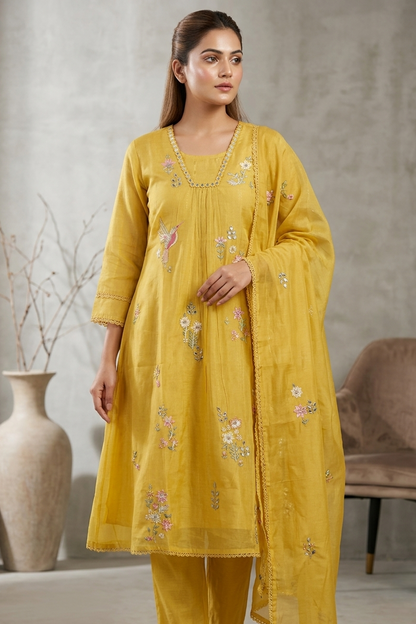 Yellow Mul Chanderi Suit Set