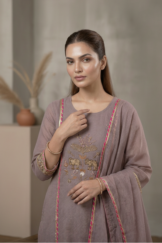 Mauve Kota Doria Suit Set