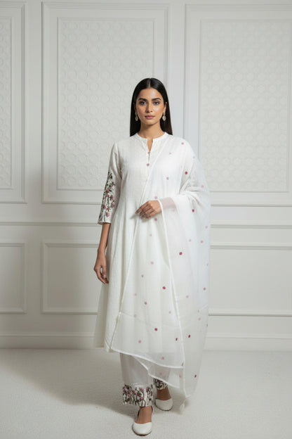 Dotted Muslin Flared Embroidered Kurta Set