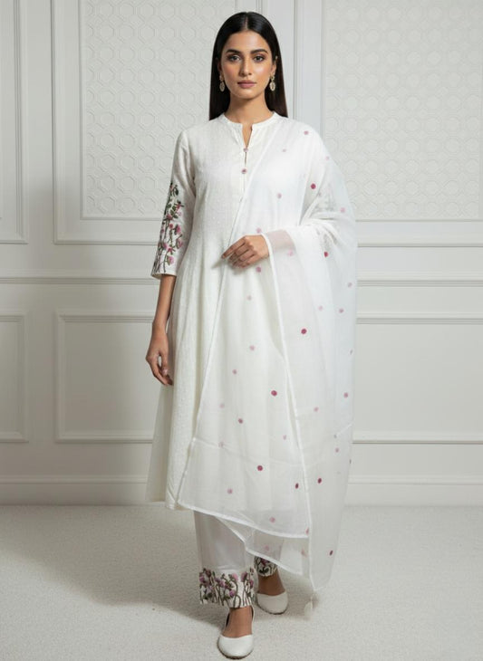 Dotted Muslin Flared Embroidered Kurta Set